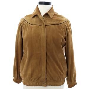 Vintage 80s Fawn Brown Suede Leather Bomber Jacket Women’s L/XL Cote D'Azur